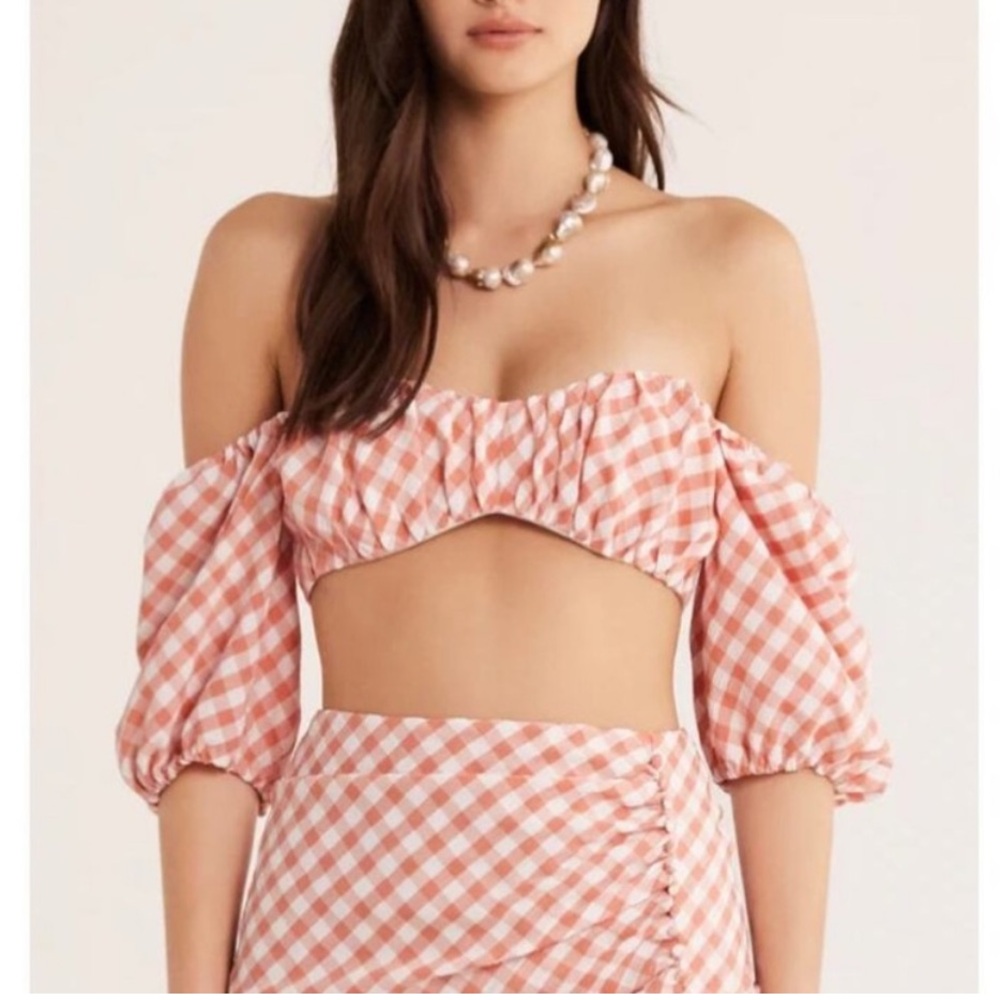 Rumer NWT Revolve pink white gingham Off Shoulder Crop Top blouse shirt XXS 00